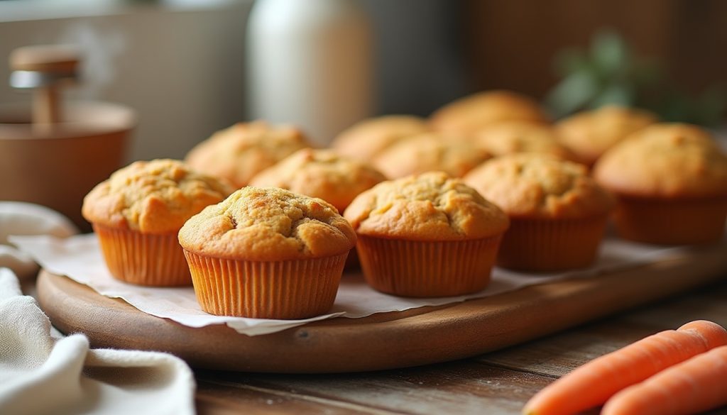 Keto carrot muffins in paper liners on a wooden board.