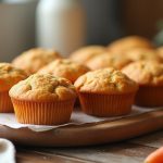 Keto carrot muffins in paper liners on a wooden board.