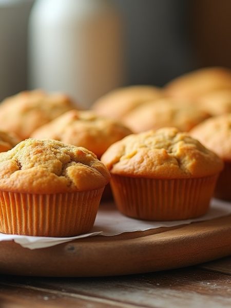 Keto carrot muffins in paper liners on a wooden board.
