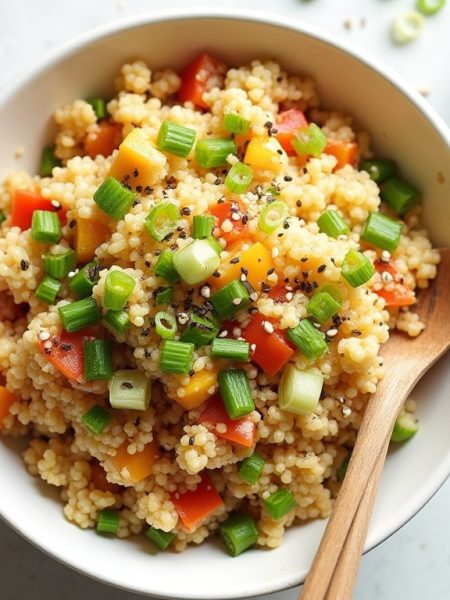 Classic keto cauliflower fried rice with eggs, vegetables, and green onions in a bowl
