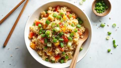 Classic keto cauliflower fried rice with eggs, vegetables, and green onions in a bowl