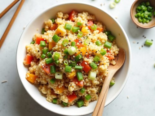 Classic keto cauliflower fried rice with eggs, vegetables, and green onions in a bowl