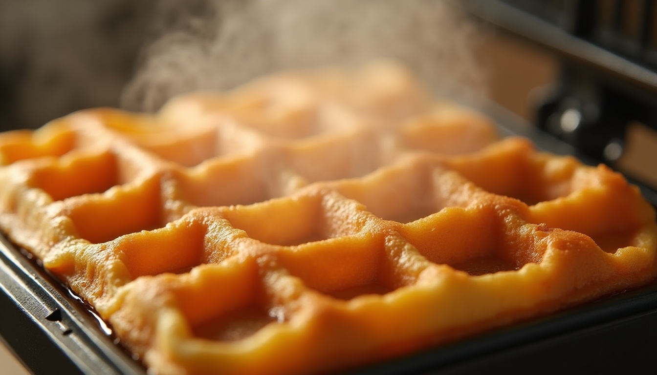 Golden keto chaffles recipe cooking inside a mini waffle maker, close-up view