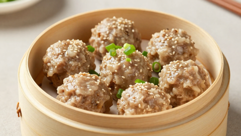 Steamed keto pork and shrimp dim sum meatballs in a bamboo steamer