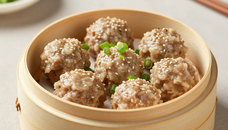 Steamed keto pork and shrimp dim sum meatballs in a bamboo steamer