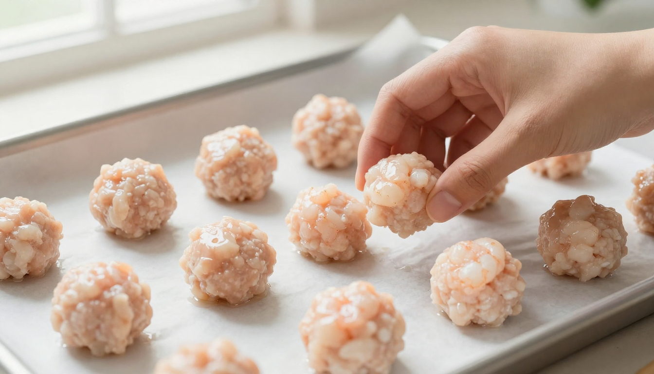 Hand shaping Keto Dim Sum Meatballs on a tray