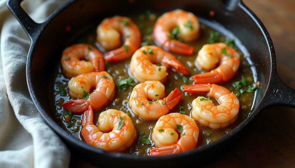 Skillet of keto garlic butter shrimp cooked in a lemon-garlic butter sauce and garnished with parsley.