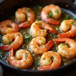 Skillet of keto garlic butter shrimp cooked in a lemon-garlic butter sauce and garnished with parsley.