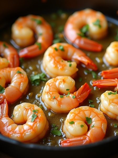Skillet of keto garlic butter shrimp cooked in a lemon-garlic butter sauce and garnished with parsley.