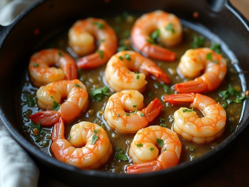 Skillet of keto garlic butter shrimp cooked in a lemon-garlic butter sauce and garnished with parsley.