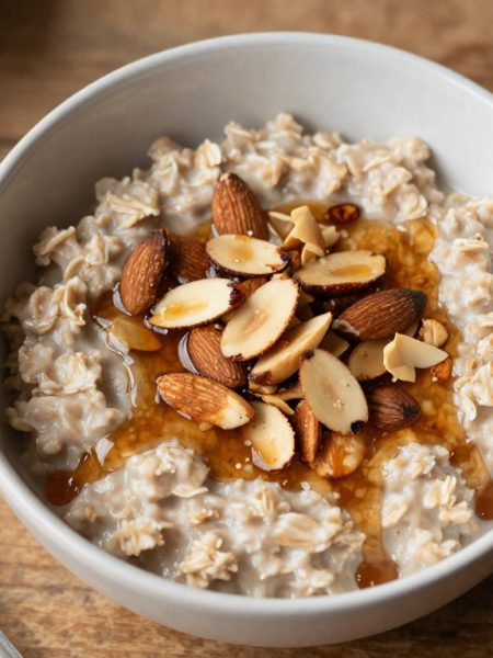 Bowl of Keto Maple Almond Oatmeal topped with toasted almonds and sugar-free maple syrup