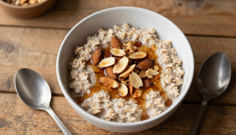 Bowl of Keto Maple Almond Oatmeal topped with toasted almonds and sugar-free maple syrup