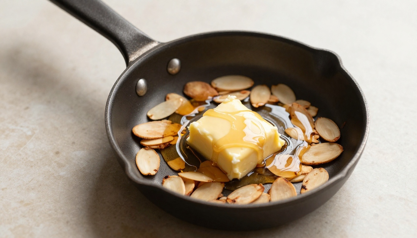 Toasting sliced almonds in butter for the noatmeal topping