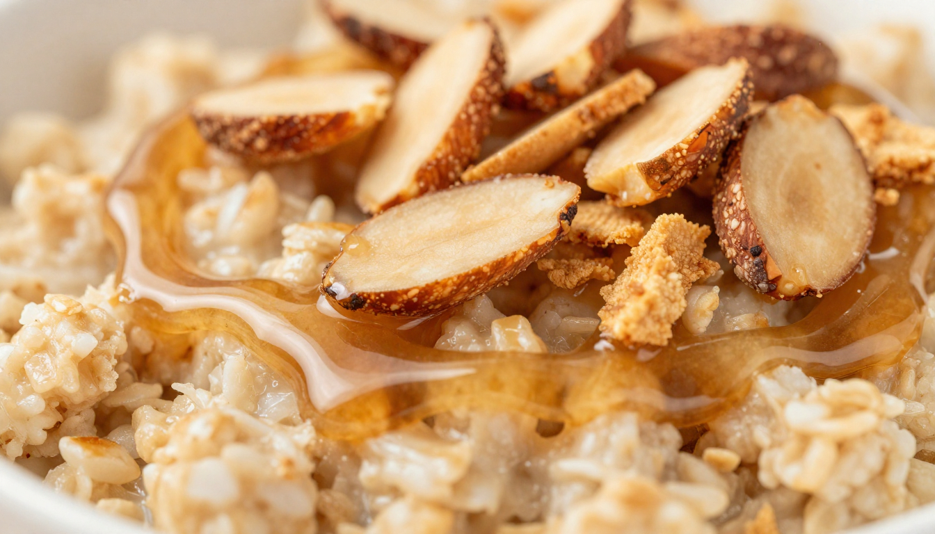 Overhead flat-lay of maple almond keto noatmeal with toppings