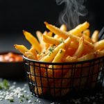 Keto rutabaga fries served in a fry basket with chipotle mayo dip