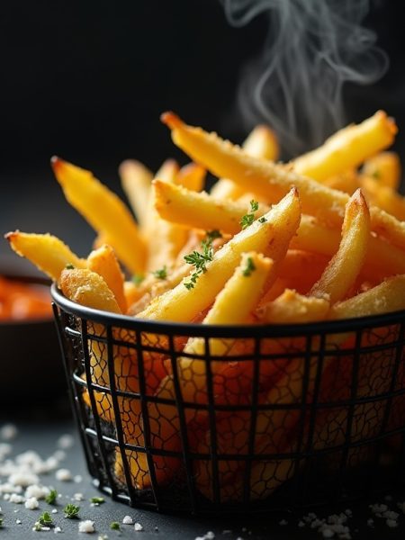 Keto rutabaga fries served in a fry basket with chipotle mayo dip