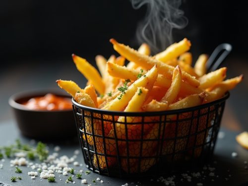 Keto rutabaga fries served in a fry basket with chipotle mayo dip