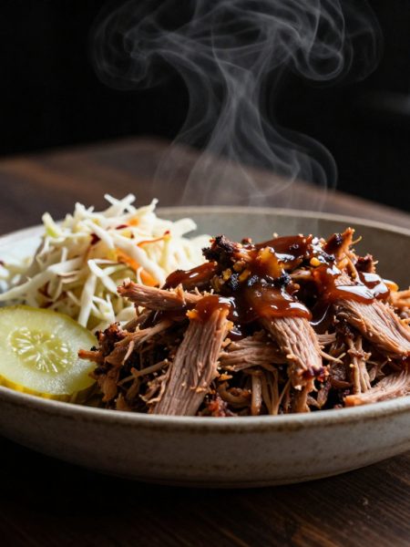 Keto BBQ pulled pork served in a bowl with sugar-free barbecue sauce, coleslaw, and pickles