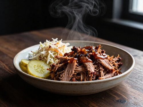 Keto BBQ pulled pork served in a bowl with sugar-free barbecue sauce, coleslaw, and pickles