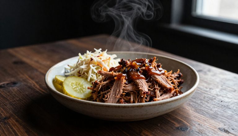 Keto BBQ pulled pork served in a bowl with sugar-free barbecue sauce, coleslaw, and pickles