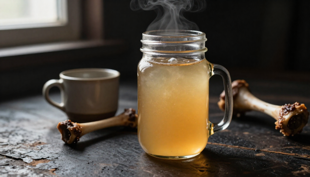 Keto bone broth served in a mason jar with a rich golden color and gentle steam rising