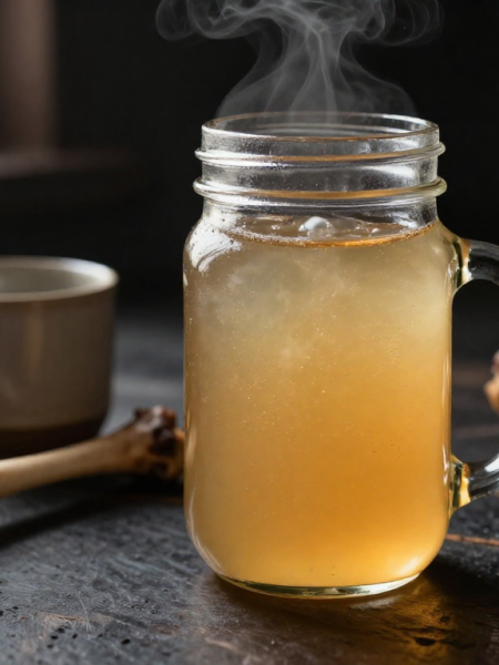 Keto bone broth served in a mason jar with a rich golden color and gentle steam rising