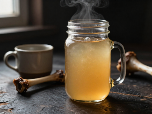 Keto bone broth served in a mason jar with a rich golden color and gentle steam rising