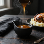 Keto gravy served in a gravy boat alongside roasted chicken and mashed cauliflower
