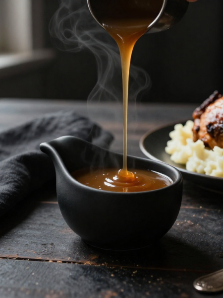 Keto gravy served in a gravy boat alongside roasted chicken and mashed cauliflower