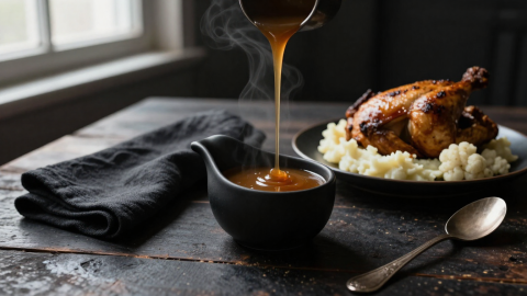 Keto gravy served in a gravy boat alongside roasted chicken and mashed cauliflower