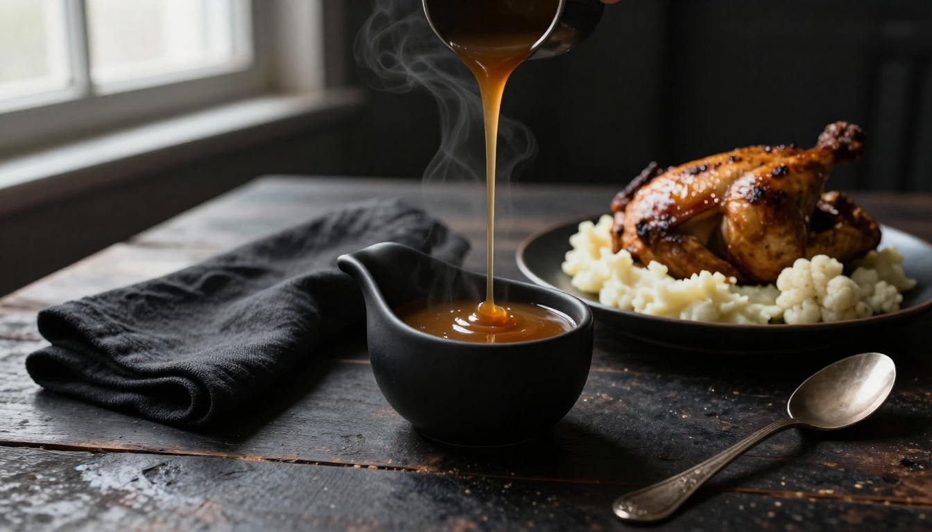 Keto gravy served in a gravy boat alongside roasted chicken and mashed cauliflower