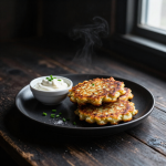 Keto latkes stacked on a plate with sour cream and chives