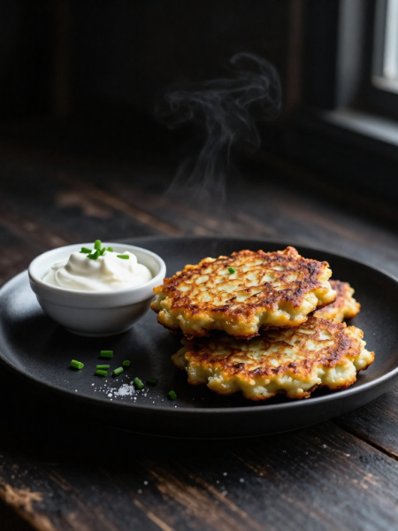 Keto latkes stacked on a plate with sour cream and chives