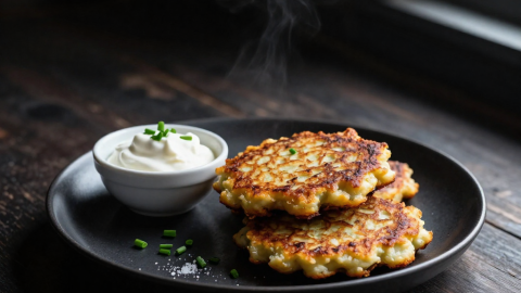 Keto latkes stacked on a plate with sour cream and chives