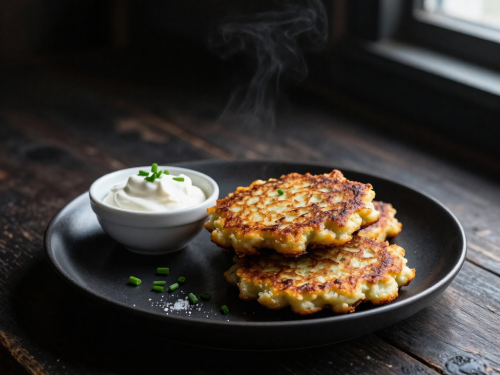 Keto latkes stacked on a plate with sour cream and chives