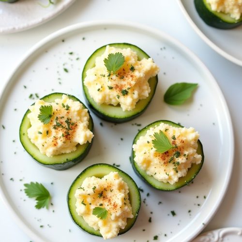 Keto appetizers and snacks recipes of eggs on top of cucumbers set on a plate