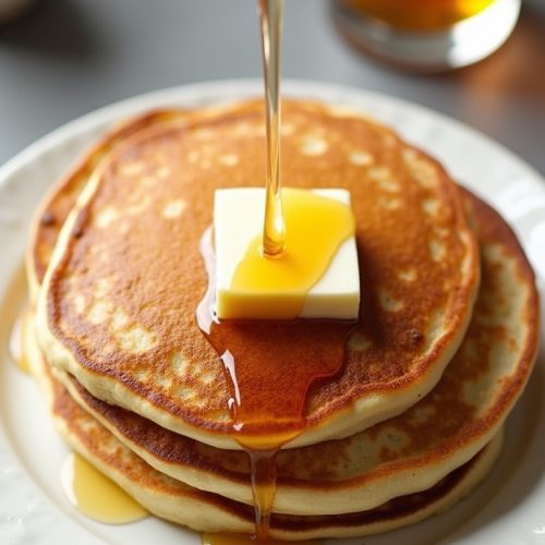 Keto breakfast recipes of pancakes drizzled with butter and syrup