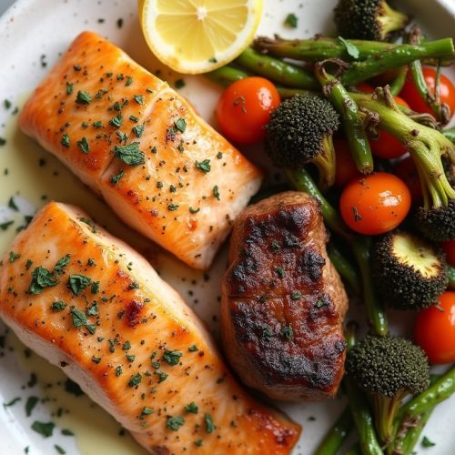 Keto dinner recipes category of a plate of salmon, steak and veggies