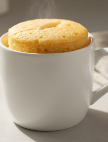 Keto vanilla mug cake in a white mug with a fluffy, soft top.