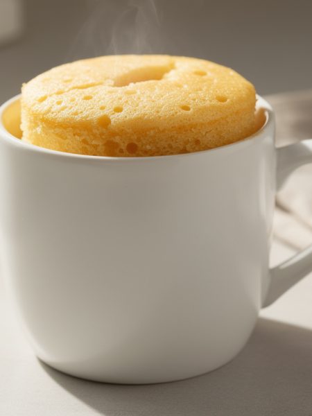 Keto vanilla mug cake in a white mug with a fluffy, soft top.