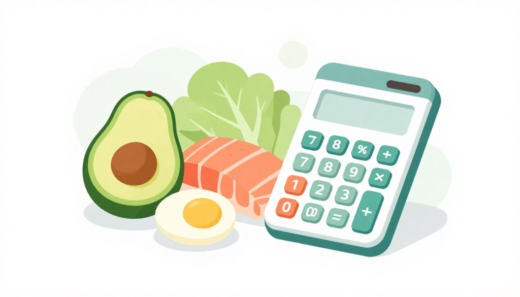 Keto macro calculator illustration with keto foods and geometric macro shapes