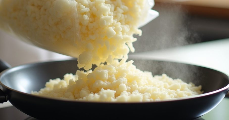 Frozen cauliflower rice being poured into a hot skillet for keto cauliflower fried rice