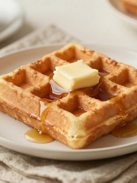 Keto chaffle recipe topped with melted butter and syrup