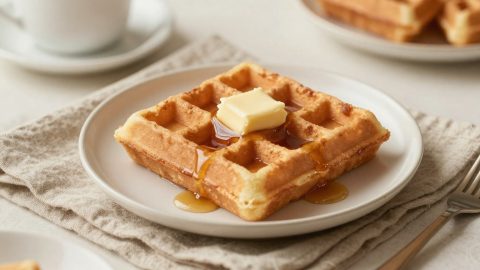 Keto chaffle recipe topped with melted butter and syrup