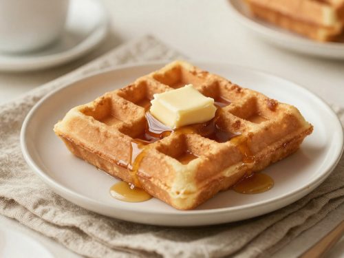 Keto chaffle recipe topped with melted butter and syrup