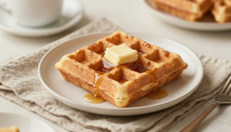 Keto chaffle recipe topped with melted butter and syrup
