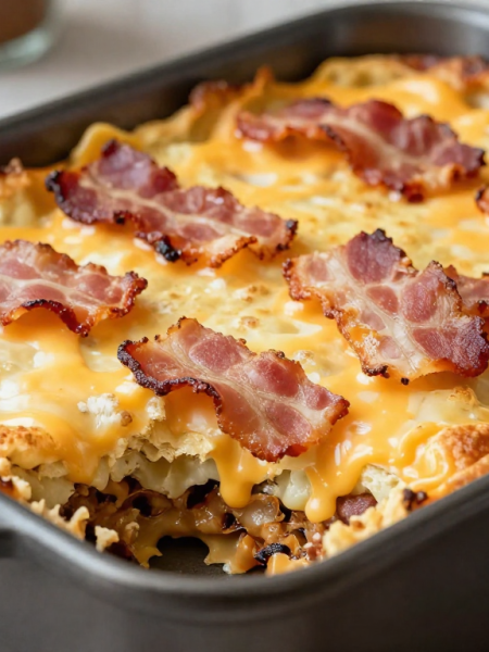 Keto Bacon Cheeseburger Casserole topped with melted cheese and crispy bacon