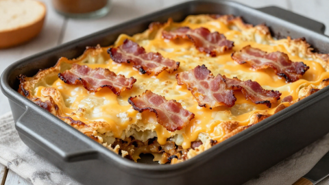 Keto Bacon Cheeseburger Casserole topped with melted cheese and crispy bacon