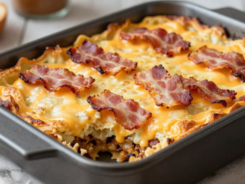 Keto Bacon Cheeseburger Casserole topped with melted cheese and crispy bacon