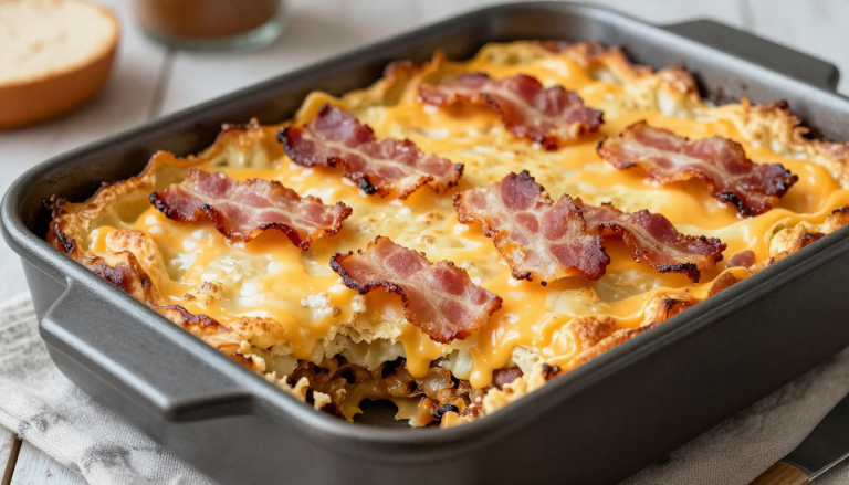 Keto Bacon Cheeseburger Casserole topped with melted cheese and crispy bacon